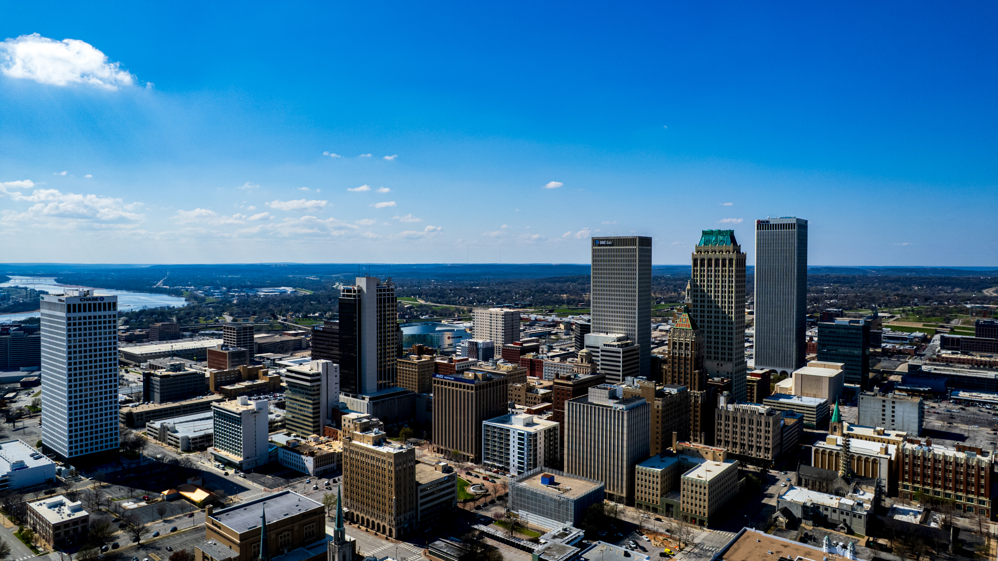 A drone photo of downtown Tulsa Oklahoma over the Driskell Law Firm Office